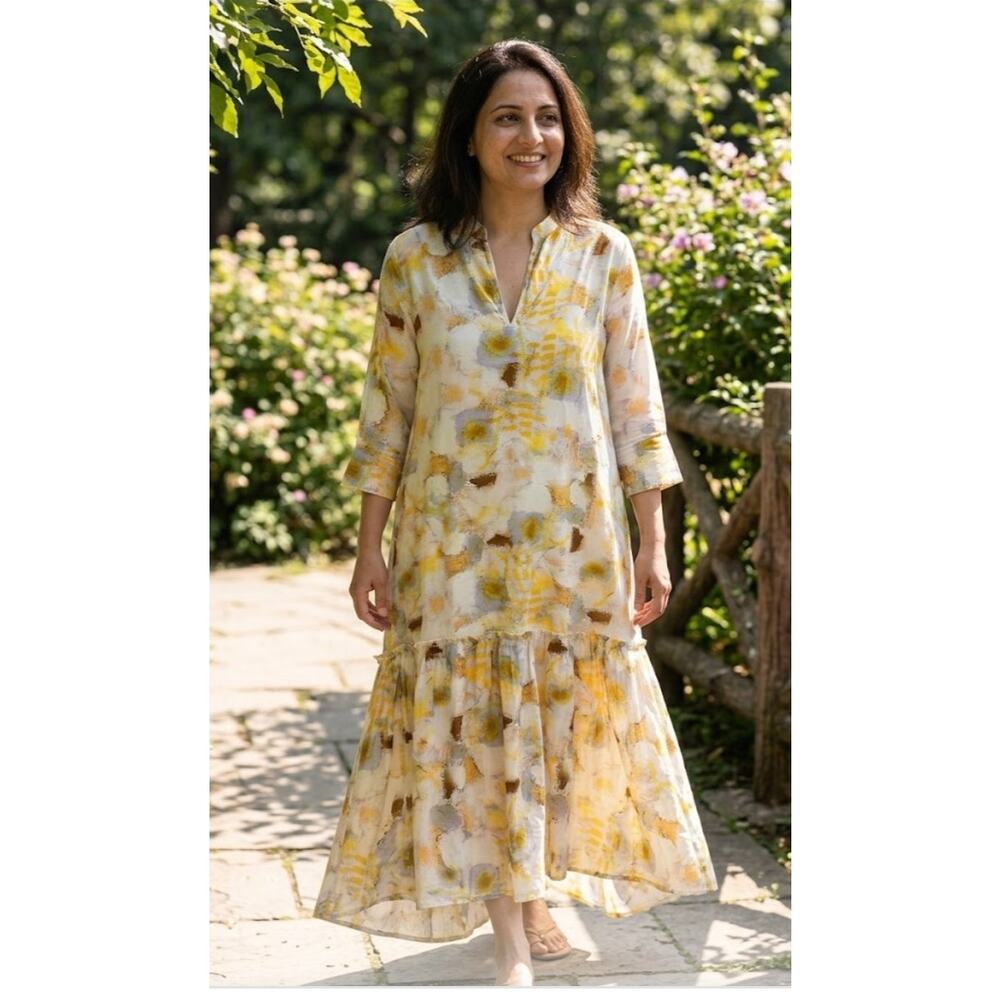 5506) Lior Paris Yellow Cream Splash Print Tiered Cottagore Maxi Dress M/L?